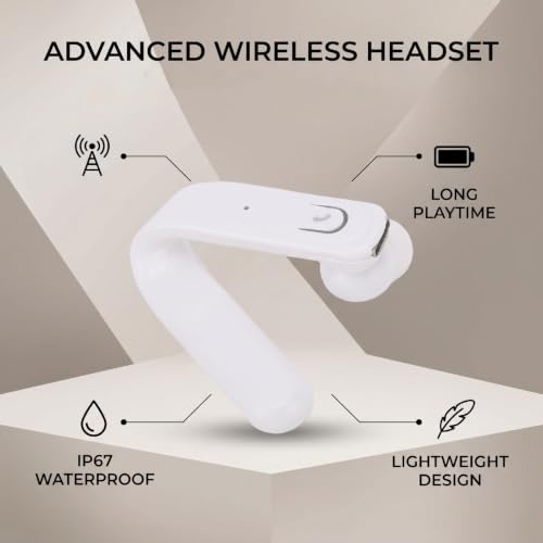 Single Ear Bluetooth Headset, Handsfree Earphone with Mic, IP67 Water Proof Ear Hook Wireless Earpiece for Truck Driver Laptop Cell Phone (White) - color: White