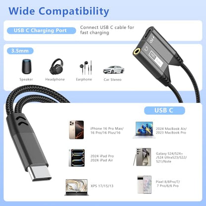 Magnetic 2-in-1 USB C to 3.5mm Audio Jack Headphone and Charge Cable Adapter for Type C Devices,PD 60W Fast Charge Earphone Converter Splitter for iPhone 15 16/Samsung/Huawei/iPad Pro Air