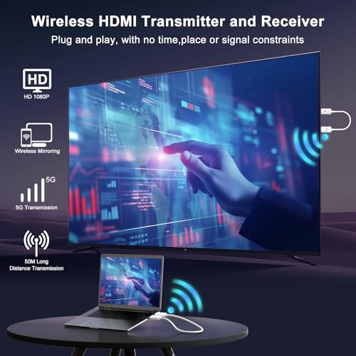 Wireless HDMI Transmitter and Receiver 4K Decode 1080P Output, HDMI Wireless Extender, Plug & Play, Support 2.4/5GHz for Streaming Video and Audio to Monitor from Laptop/Pc/Tv Box (White) - color: White