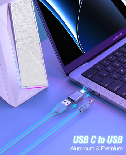 LENRUE Computer Speakers, USB/USB-C Powered AUX Audio for PC Speakers with Loud Stereo Sound, Headphone-in, Touch Lights for Desktop, Computer, Laptop, Desk（USB-C to USB Adapter Included - color: Purple