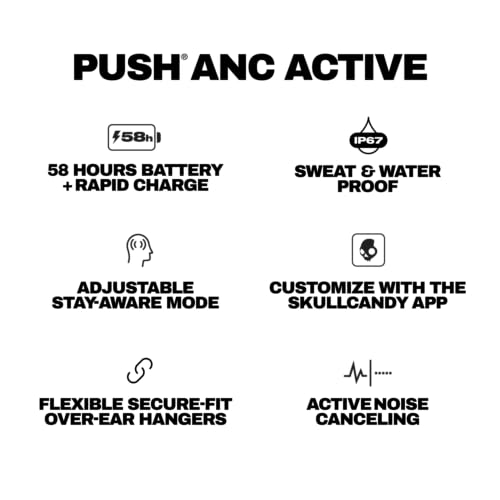 Skullcandy Push ANC Active Noise Cancelling Wireless Earbuds - Primer | In-Ear Hanger, Bluetooth, Noise Cancellation, 58 Hours Battery, Secure-Fit Design, Sweat and Waterproof, Microphone - color: Primer
