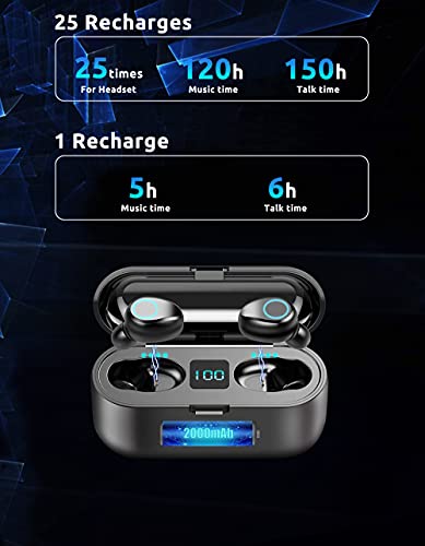 Wireless V5.3 Bluetooth Earbuds Compatible with Apple iPhone 16/16E/16 Pro/16 Pro Max/16 Plus 2,000Mah PowerBank LED 8D Bass Mic IPX7 Waterproof/Sweatproof - color: BLACK + POWERBANK
