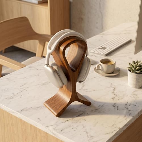 Wooden Headphone Stand for Desk – Premium Walnut Wood Headset Holder Compatible with AirPods Max, Gaming Headphones & Studio Headsets – Modern Desk Organizer & Headphone Display Stand