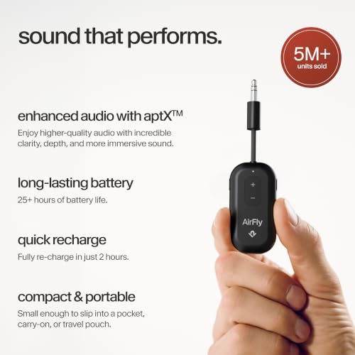 Twelve South AirFly Pro 2, Bluetooth Adapter, Pair 2 AirPods, Black | Pair 2 AirPods or Wireless Headphones – 3.5mm AUX Bluetooth Transmitter and Receiver for Cars, Boats, Treadmills, TVs & More - color: Black, style: AirFly Pro 2