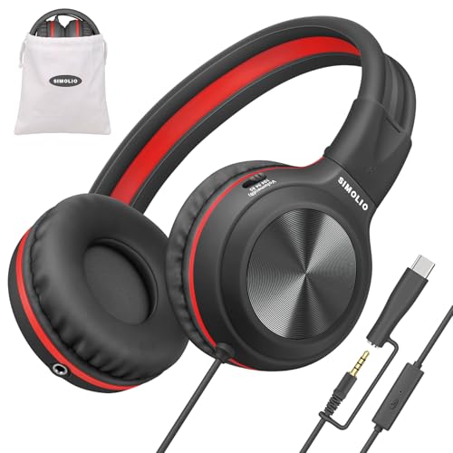 SIMOLIO Wired Headphones for Kids with Mic, USB C & 3.5mm, Safe Volume, Share Port & Pouch, Kids Headphones w/Passive Noise Cancelling, Foldable Headsets for School Airplane Travel iPad (Black) - color: Midnight Black USB C&3.5mm