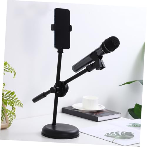 Luxshiny Desktop Mic Stand Adjustable Tabletop Microphone Stand with Mic Clip Holder Phone Clip Holder Metal Adapter Round Base for Home Recording Podcasting Broadcasting