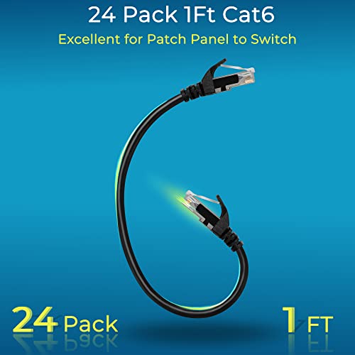 Rapink Patch Cables Cat6 1ft (24 Pack), Ethernet Patch Cable 10G, Cat 6 Patch Cable for Patch Panel to Switch, Flexiable Cat 6 Ethernet Cable with Gold Plated Black - color: Black, size: 1FT, style: 24 Pack
