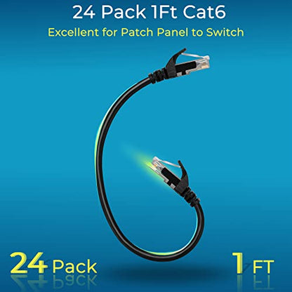 Rapink Patch Cables Cat6 1ft (24 Pack), Ethernet Patch Cable 10G, Cat 6 Patch Cable for Patch Panel to Switch, Flexiable Cat 6 Ethernet Cable with Gold Plated Black - color: Black, size: 1FT, style: 24 Pack