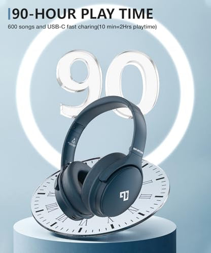 INFURTURE Active Noise Cancelling Over Ear Bluetooth Headphone Deep Bass H1 | Comfortable, Hi-Fi Stereo, 90H Playtime, Low Latency, Foldable Lightweight for Travel, Office, Sport Running - Blue - color: Blue