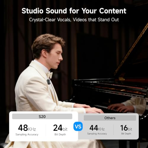 S20 Pro Wireless Lavalier Mic, AI Noise Canceling for Vlog YouTube | 2TX Dual Mic for iPhone Android Camera PC, 250m Range, 18H Battery, Touchscreen, Magnetic Clip, Bluetooth Accompaniment