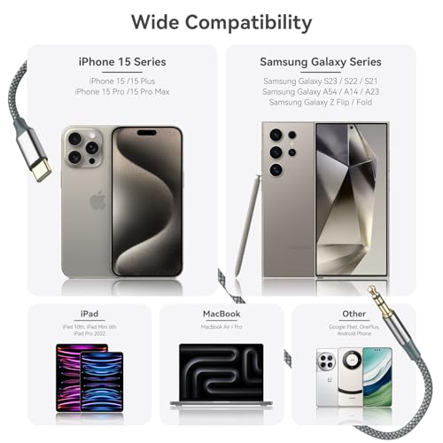 Henrety AUX to USB C Cable 3.3ft, USB C to 3.5mm Audio Aux Jack Cable for Car and Headphones - color: Grey, size: 3.3Ft