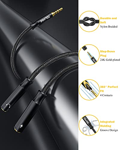 Headphone Mic Splitter, 3.3FT TRRS Headset Splitter with Separate Headphone and Mic Jack, 3.5mm Combo Audio Adapter for Dual-Plug Headset Compatible to Xbox One, Smartphone, Pc, PS4 | Nylon Braided Cord, Gold Plated, Separate Audio and Mic, For 3.5mm PC L