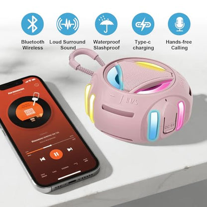Portable Bluetooth Speaker, IPX7 Waterproof Wireless Outdoor Speakers, Mini Shower Speaker, Floating, Built-in Mic, 24H Playtime with LED Lights,Loud HD Sound, Powerful Bass, Gifts for Unisex - Pink - color: Pink