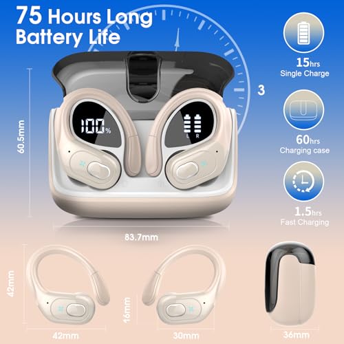 Wireless Earbuds 75H Bluetooth 5.4 Sport Headphones with Earhooks, Camel | IPX7 Waterproof In-ear Buds Feature ENC Noise Cancelling Mic & Deep Bass. Stereo Sound Device for Gym Running Workout - color: Camel