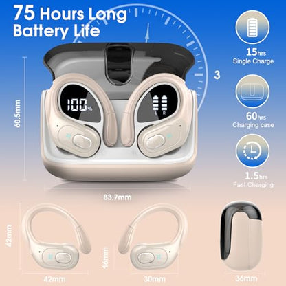 Wireless Earbuds 75H Bluetooth 5.4 Sport Headphones with Earhooks, Camel | IPX7 Waterproof In-ear Buds Feature ENC Noise Cancelling Mic & Deep Bass. Stereo Sound Device for Gym Running Workout - color: Camel
