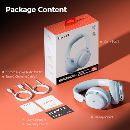 havit Noise Cancelling Headphones Over Ear, Wireless Bluetooth Headphones with 132H Playtime, Fast Charge 5 Min=5H, Foldable, Dual Device, with Mic for Travel Work Office, Blue