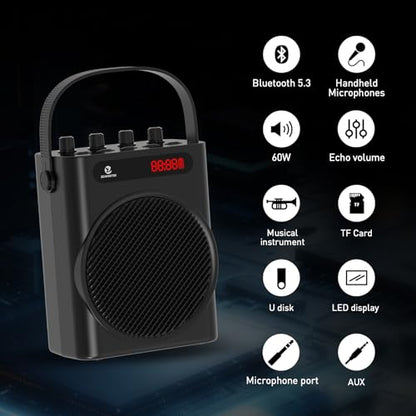 ZOWEETEK 60W Voice Amplifier with 2 Wireless Microphones | PA System, Karaoke Machine, Portable Speaker, Support TF/USB/Aux/Guitar, Rechargeable, for Speech/Class/Karaoke