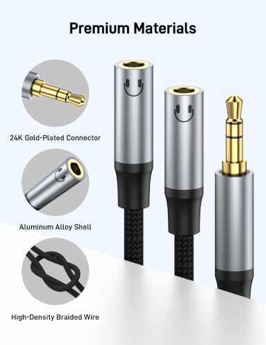 3.5mm Headphone Splitter, Aux Audio Stereo Y Splitter Extension Cable Male to Female Dual Headphone Jack Adapter for Switch 2/PS4/PS5 iPhone iPad, Tablet, Laptop.