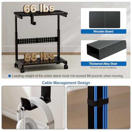 Height Adjustable Computer Tower Stand, 2-Tier ATX-Case CPU Holder with Mouse Pad & Headphone Stand, Mobile PC Standing Under Desk, Home Office Gaming Accessories, Computer Cart Wheels, Black - color: Black