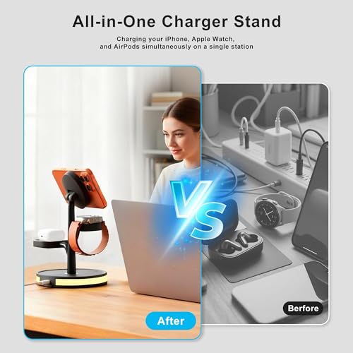 Wireless Charger, 3 in 1 Magnetic Charging Station for Apple Device | Fast Charging Tree-Shaped Stand with 20W Adapter, Qi-Certified Charger for iPhone 12-17 Series, Apple Watch, AirPods