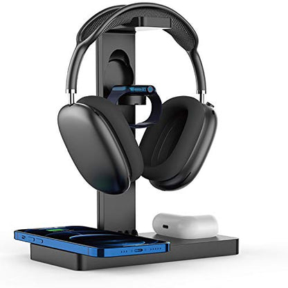 Headphone Stand Headset Holder with Wireless Charger, 4 in 1 Fast Wireless Charging Station for Apple Watch,Air Pods Pro/2, iPhone13/12/11/X, Earphone Hanger with 2 USB-C Ports for Desktop Gamer Room