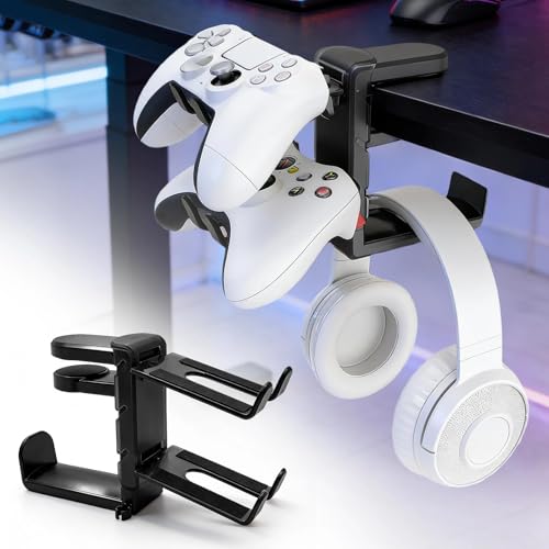 3-in-1 Gaming Headset Stand with Controller Holders Clamp-on Under Desk Rotating Headphone Hanger Adjustable PC Desk Headphone Holder with Cable Organizer - color: black