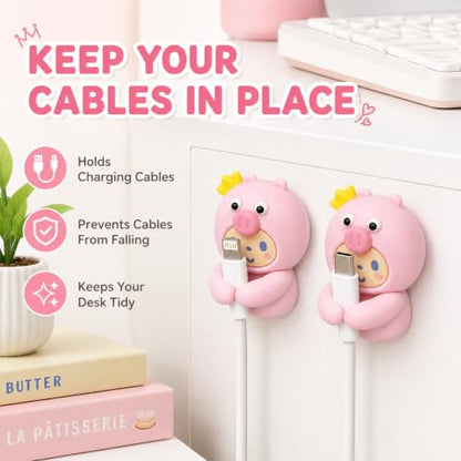 Adorable Pink Piggy with Crown Cable Organizer (2-Pack), Cute Cartoon Cable Clips, Self-Adhesive Wire Holder for Desk, Nightstand, Home & Office Cable Management - color: pink-1