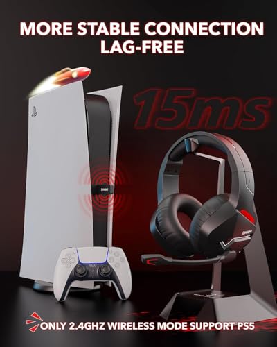 BINNUNE Wireless Gaming Headset for PS5 PC, 120H Ultra-Long Battery, 2.4GHz & Bluetooth 5.3 Wireless Headphones with Noise Canceling Mic, 50mm Drivers, Comfort Over Ear Headphones, Black - color: Black