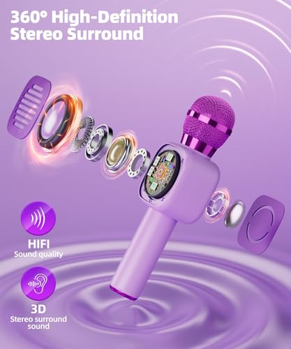Kids Karaoke Microphone Mini, Bluetooth Voice Changer Toy Ages 3-12, purple | LED Party Lights, Rechargeable Portable, Long Playtime, Duets, BT 5.3, Christmas Birthday Gifts for Toddler Boys & Girls - color: purple - 1