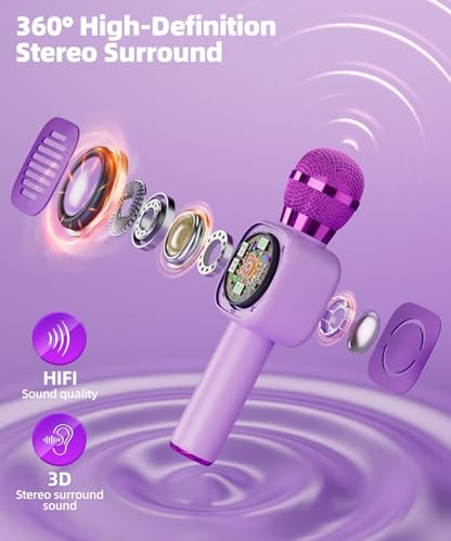 Kids Karaoke Microphone Mini, Bluetooth Voice Changer Toy Ages 3-12, purple | LED Party Lights, Rechargeable Portable, Long Playtime, Duets, BT 5.3, Christmas Birthday Gifts for Toddler Boys & Girls - color: purple - 1