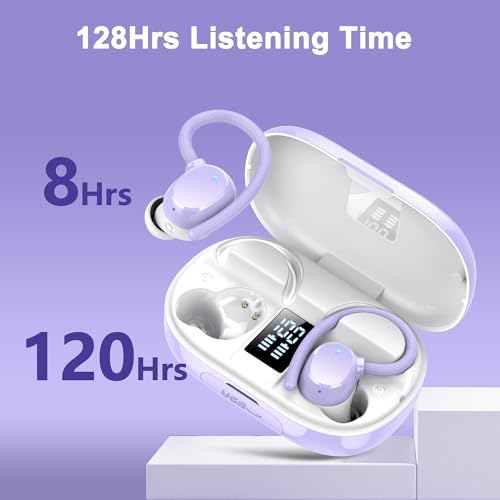 sprtoybat Wireless Bluetooth Earbuds Sport 128H Playtime New Bluetooth 5.3 Headphones with LED Display Powerful Bass Over Ear Earphones with Earhooks IP7 Waterproof for iOS Android - color: Highlight Purple
