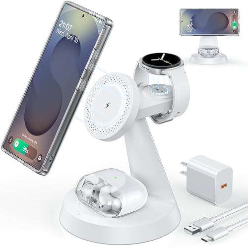 Meifigno Magnetic Wireless Charger for Samsung, 3 in 1 Charging Station Compatible with MagSafe Samsung Charger for Galaxy S26 Ultra S25 Z Fold7/Flip7, Charger Stand for Galaxy Watch Ultra 8 7, White - color: WHITE