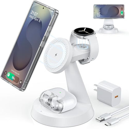 Meifigno Magnetic Wireless Charger for Samsung, 3 in 1 Charging Station Compatible with MagSafe Samsung Charger for Galaxy S26 Ultra S25 Z Fold7/Flip7, Charger Stand for Galaxy Watch Ultra 8 7, White - color: WHITE