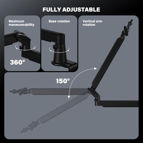 Low Profile Mic Arm, Cable Management Microphone Boom Arm, Full Aluminum Adjustable Mic Stand with Desk Clamp, 360°Rotatable Heavy Duty Microphone Stand for Streaming, Podcasting, Recording