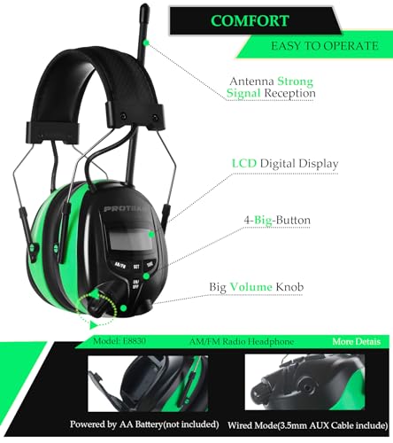 Digital AM FM Radio Headphones, Hearing Protection Earmuff for Adult, 30dB SNR for Mowing, Construction, Chainsaw - color: Am Fm Radio + Battery + Green