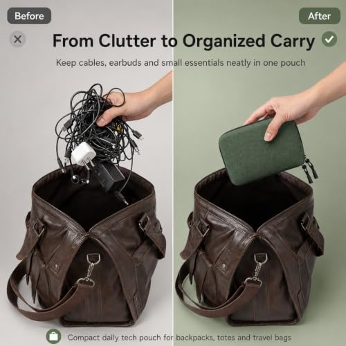 SIMTOP Electronics Travel Organizer, Compact Charger Case | Soft padded polyester helps protect cables, power banks, adapters and earbuds from light splashes and daily scratches - color: Green