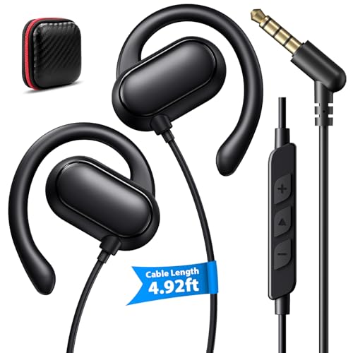 iMangoo 3.5mm Earbuds Wired Over Ear Buds with Microphone 5FT Cord Black | 3.5 mm Aux Jack Plug in Headphones Earhook Corded Earphone for Kids Women Airplane Travel School Gym Workout Running Sport