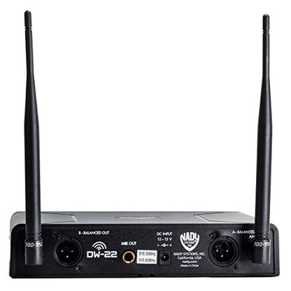 Nady DW-22 Dual Digital Wireless Lapel Microphone System - Dual fixed UHF frequency -Ultra-low latency with QPSK modulation - XLR and ¼" outputs