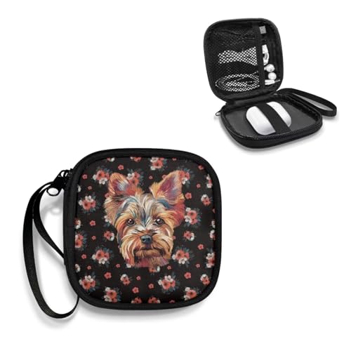 Dog and Flower Headphone Bag Travel Headphones Carrying Case, Protective Shell Travel Bag for Cable, Charger Storage for Earphone, Earbud, Earpieces - color: Dog And Flower