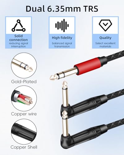 Guitar Cable 1/4 inch TRS Stereo to Right Angle Dual 1/4 inch TS Mono Insert Cable,Stereo Y Splitter Cable,6.35mm TRS Male to 90 Degree Dual 6.35mm TS Male Audio Cord(5.9FT/1.8M) - style: 6.35 TRS to 90 Dual 6.35 TS（5.9FT/1.8M）