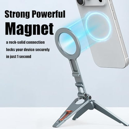 Magnetic Phone Tripod Stand Foldable Pocket Mount for iPhone | Portable, 1/4" Screw Hole & Hook,Perfect for Vlogging, Travel, Selfies, Video Calls for iPhone 17/16/15/14 & MagSafe cases.