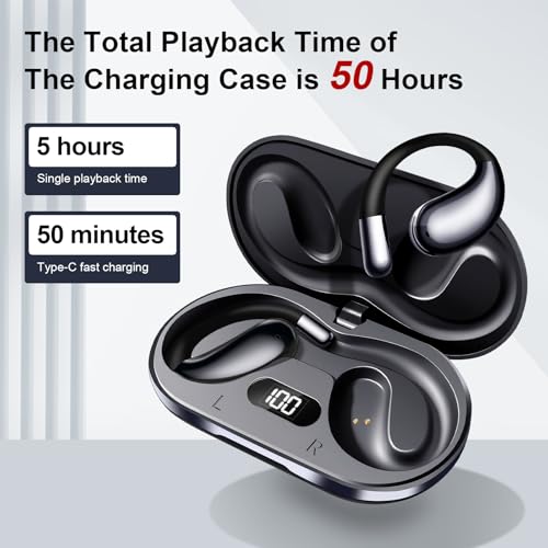 Open Ear Headphones Wireless Bluetooth 5.4, Air Conduction Wireless Earbuds with Ear Hooks and Mic, 50H LED Charging Case, IPX7 Water Resistant Sport Headphones for Running Gym Work - color: Black