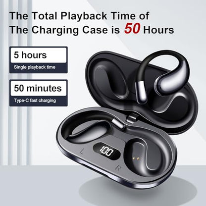 Open Ear Headphones Wireless Bluetooth 5.4, Air Conduction Wireless Earbuds with Ear Hooks and Mic, 50H LED Charging Case, IPX7 Water Resistant Sport Headphones for Running Gym Work - color: Black