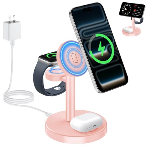 Aeinidi 2026 3 in 1 Wireless Charging Station Compatible with MagSafe, 15W Fast Magnetic Mag-Safe Charger Stand for Apple iPhone 17 16 15 14 13 12 iWatch AirPods Pro 4 3 2, Pink - color: Pink