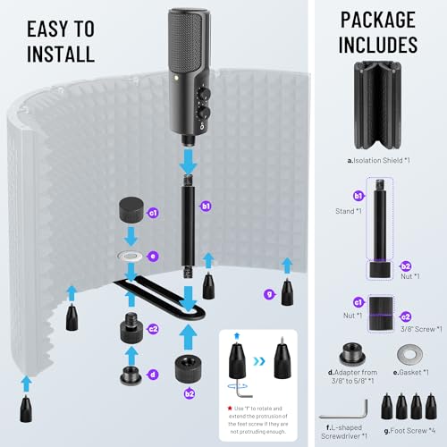 CAHAYA Microphone Isolation Shield Studio Mic Sound Absorbing Foam Professional Desktop or Mounted on Stand Recording Equipment Foldable 5-Panel Mic Isolator Panel for Condenser Microphone