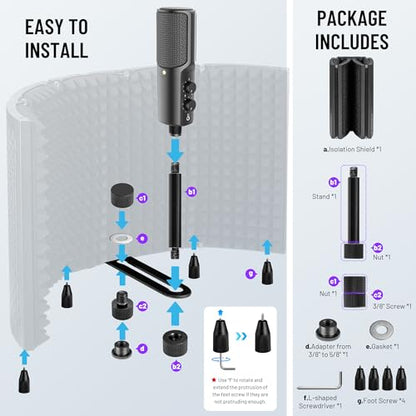 CAHAYA Microphone Isolation Shield Studio Mic Sound Absorbing Foam Professional Desktop or Mounted on Stand Recording Equipment Foldable 5-Panel Mic Isolator Panel for Condenser Microphone