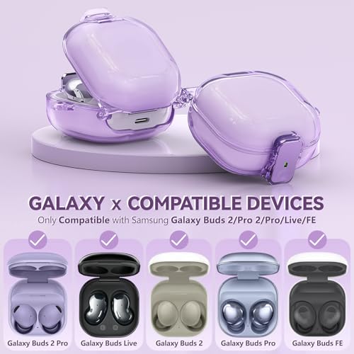 Inesore Case for Samsung Galaxy Buds FE/Buds 2/Pro/Live (Purple) | Safety Lock Design Prevents Loss, Clear Anti-Yellow PC Shell, 3-in-1 Cleaning Tool, Metal Clasp, Silicone Lanyard - color: A1-Purple