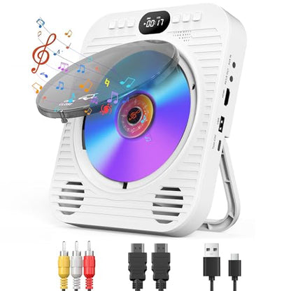 Mini CD DVD Player for TV - Portable Bluetooth CD DVD Player with HDMI & AV Cables, Built-in Speakers, USB/AUX Playback, 1080P Upscaling, Wall-Mountable Compact Desktop Player for Home