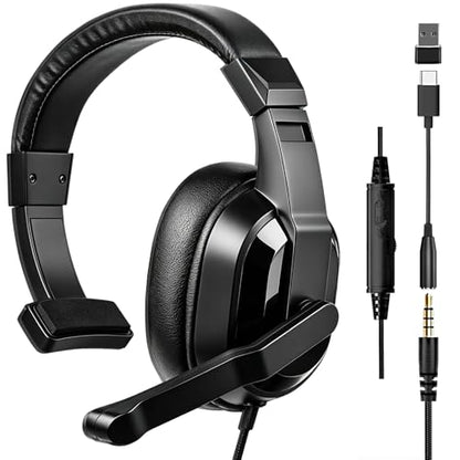 One Ear Gaming Headset with Mic (3.5mm) - Single Ear Headphone with To-shiba Speaker, Protein Earpads Braided Cable for PS5/PS4/Xbox/Switch/PC/iPad/Tablet/Remote Work/Office- with USB-C/USB-A Adapter - color: Black
