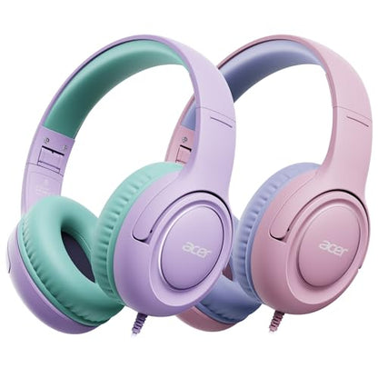 Acer 2‑Pack Kids Headphones for School, 3.5mm Jack, w/Mic HK03‑2P | 85-94dB Limiter, Foldable Wired Over Ear Headphones, for Toddler School/Tablet/iPad/PC/Travel - color: Purple Green & Pink Purple